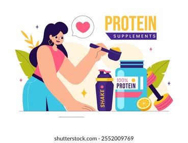 Ilustración vectorial de suplementos de proteínas con alimentos saludables, polvos de proteínas y ejercicios de acondicionamiento físico para la nutrición de la Asistencia y la vitamina del cuerpo