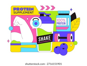 Ilustración vectorial De Suplementos De Proteínas Con Alimentos Saludables, Polvos De Proteínas, Ejercicios De Fitness Que Apoyan La Nutrición Y Las Vitaminas Corporales