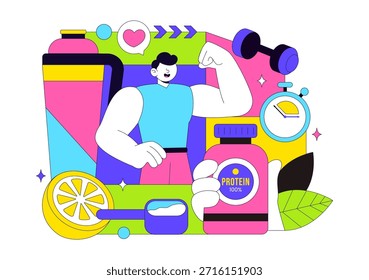 Protein Supplements Vector Illustration Featuring Healthy Food, Protein Powders, Fitness Workouts Supporting Nutrition And Body Vitamins