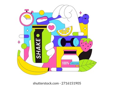 Suplementos De Proteína Ilustração Vetorial Com Alimentos Saudáveis, Pós De Proteína, Treinos De Fitness Suportando Nutrição E Vitaminas Corporais