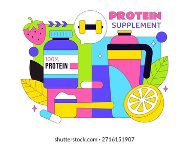 Protein Supplements Vector Illustration Featuring Healthy Food, Protein Powders, Fitness Workouts Supporting Nutrition And Body Vitamins
