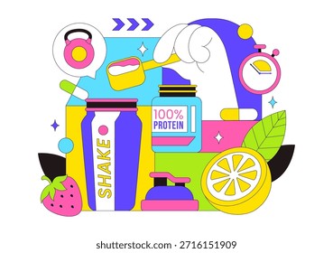 Ilustración vectorial De Suplementos De Proteínas Con Alimentos Saludables, Polvos De Proteínas, Ejercicios De Fitness Que Apoyan La Nutrición Y Las Vitaminas Corporales