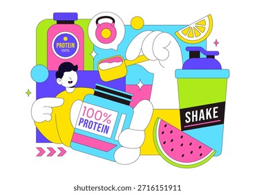 Ilustración vectorial De Suplementos De Proteínas Con Alimentos Saludables, Polvos De Proteínas, Ejercicios De Fitness Que Apoyan La Nutrición Y Las Vitaminas Corporales