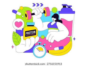 Ilustración vectorial De Suplementos De Proteínas Con Alimentos Saludables, Polvos De Proteínas, Ejercicios De Fitness Que Apoyan La Nutrición Y Las Vitaminas Corporales