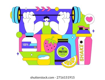 Ilustración vectorial De Suplementos De Proteínas Con Alimentos Saludables, Polvos De Proteínas, Ejercicios De Fitness Que Apoyan La Nutrición Y Las Vitaminas Corporales