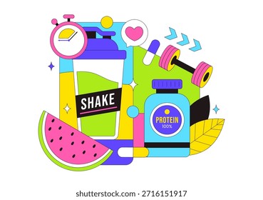 Ilustración vectorial De Suplementos De Proteínas Con Alimentos Saludables, Polvos De Proteínas, Ejercicios De Fitness Que Apoyan La Nutrición Y Las Vitaminas Corporales