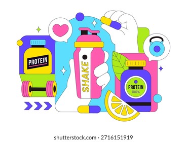 Ilustración vectorial De Suplementos De Proteínas Con Alimentos Saludables, Polvos De Proteínas, Ejercicios De Fitness Que Apoyan La Nutrición Y Las Vitaminas Corporales