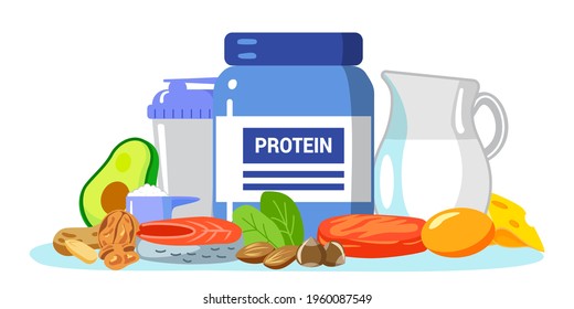 Protein vector illustration Amino acid food menu persons concept Protein containing products variety for healthy daily ration Fitness and diet with sports food supplements Drinking cocktails