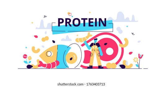 Protein vector illustration. Flat tiny amino acid food menu persons concept. Biomolecules and macromolecules for healthy and athletic lifestyle. Nutrition and wholesome products for cooking and eating