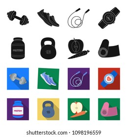 Protein, vitamins and other equipment for training.Gym and workout set collection icons in black,flet style vector symbol stock illustration web.