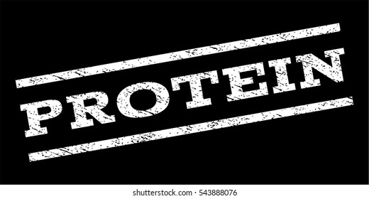 Protein watermark stamp. Text caption between parallel lines with grunge design style. Rubber seal stamp with dirty texture. Vector white color ink imprint on a black background.