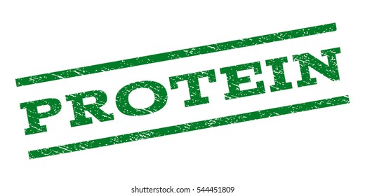 Protein watermark stamp. Text caption between parallel lines with grunge design style. Rubber seal stamp with dust texture. Vector green color ink imprint on a white background.