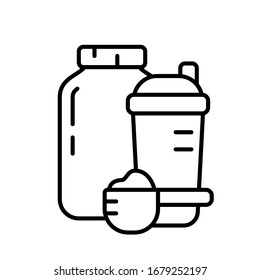 Protein Whey Bottle, Shaker, Measuring Spoon With Dry Powder. Set For Making Sports Cocktail. Bodybuilding Illustration For Bar, Shop. Contour Isolated Vector Logo On White Background. Linear Icon