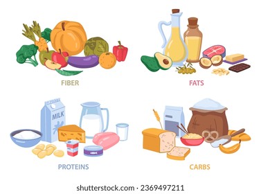 Proteins and carbs dietary food. Fiber and fats, organic grains and dairy, vegetables and fruits flat cartoon set. Food fiber protein nutrients, meat and cheese nutrition dieting eating complex