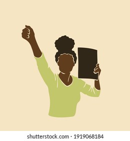 Protest. Abstract portrait african woman with black sign board showing fist. Afro black skin girl, Vector illustration contemporary art flat design