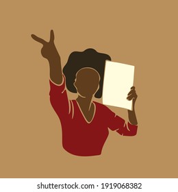 Protest. Abstract Portrait African Woman With Empty Sign Board Showing V Sign. Afro Black Skin Girl, Vector Illustration Contemporary Art Flat Design