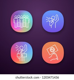 Protest action app icons set. UI/UX user interface. Meeting, protester, protest banner, speech. Web or mobile application. Vector isolated illustration