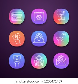 Protest action app icons set. Internet news, protest date, protester, banner, location, leader, speech, picket, email. UI/UX user interface. Web or mobile application. Vector isolated illustration