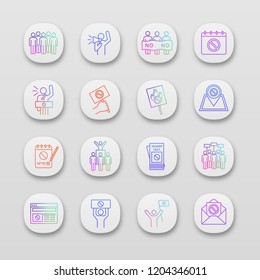 Protest action app icons set. UI/UX user interface. Mass demonstrations. Political behaviour. Social and political movements. Democracy and human rights protection. Vector isolated illustration