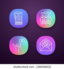 Protest action app icons set. UI/UX user interface. Protester, meeting, protest email, leaflet. Web or mobile application. Vector isolated illustration