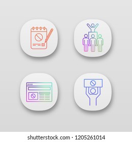 Protest action app icons set. UI/UX user interface. Petition, protest leader, social movement, political internet news. Web or mobile applications. Vector isolated illustrations