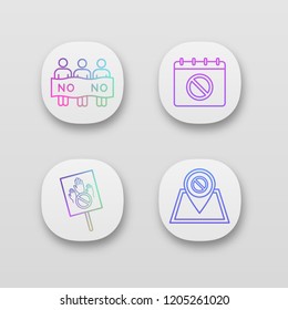 Protest action app icons set. UI/UX user interface. Social movement date, protest location, banner, picket. Web or mobile applications. Vector isolated illustrations