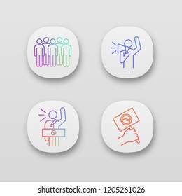 Protest action app icons set. UI/UX user interface. Meeting, protester, protest banner, speech. Web or mobile applications. Vector isolated illustrations