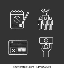Protest action chalk icons set. Petition, protest leader, social movement, political internet news. Isolated vector chalkboard illustrations