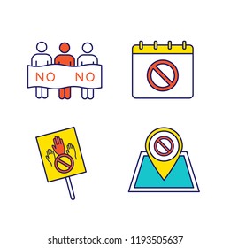 Protest action color icons set. Social movement date, protest location, banner, picket. Isolated vector illustrations