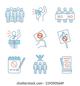 Protest action color icons set. Meeting, protester, picket, speech, banner, protest placard, petition, leader, leaflet. Isolated vector illustrations