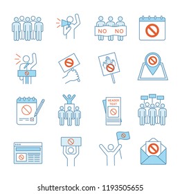 Protest action color icons set. Mass demonstrations. Political behaviour. Social and political movements. Democracy and human rights protection. Isolated vector illustrations