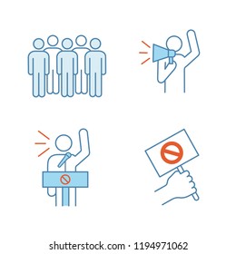 Protest action color icons set. Meeting, protester, protest banner, speech. Isolated vector illustrations