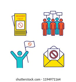 Protest action color icons set. Protester, meeting, protest email, leaflet. Isolated vector illustrations