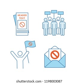 Protest action color icons set. Protester, meeting, protest email, leaflet. Isolated vector illustrations