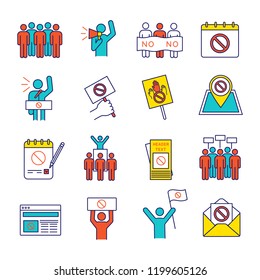 Protest action color icons set. Mass demonstrations. Political behaviour. Social and political movements. Democracy and human rights protection. Isolated vector illustrations