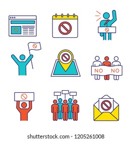 Protest action color icons set. Protest banner, date, protester, internet news, location, email, picket, strike, speech. Isolated vector illustrations