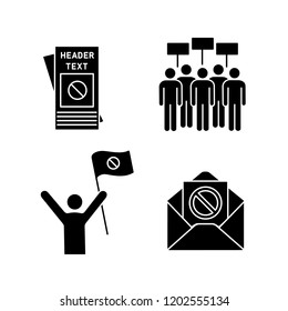 Protest action glyph icons set. Protester, meeting, protest email, leaflet. Silhouette symbols. Vector isolated illustration