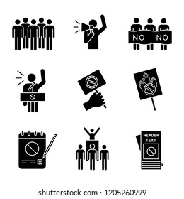 Protest action glyph icons set. Meeting, protester, picket, speech, banner, protest placard, petition, leader, leaflet. Silhouette symbols. Vector isolated illustration