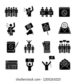 Protest action glyph icons set. Mass demonstrations. Political behaviour. Social and political movements. Democracy and human rights protection. Silhouette symbols. Vector isolated illustration