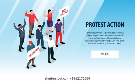 Protest action horizontal banner with protesters holding posters asking for freedom 3d isometric vector illustration