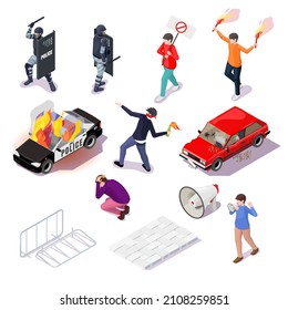 Protest action isometric icon set, flat vector isolated illustration. Police officer, protester, hooligan, burning police car and megaphone. Riot, revolution, demonstration, rally, picket or strike.