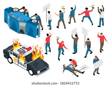 Protest action isometric icons set with people holding posters and molotov cocktails damaged cars injured man 3d isolated vector illustration