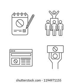 Protest action linear icons set. Petition, protest leader, social movement, political internet news. Thin line contour symbols. Isolated vector outline illustrations. Editable stroke