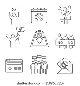 Protest action linear icons set. Protest banner, date, protester, internet news, location, email, picket, strike, speech. Thin line symbols. Isolated vector outline illustrations. Editable stroke