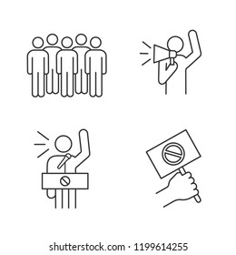 Protest action linear icons set. Meeting, protester, protest banner, speech. Thin line contour symbols. Isolated vector outline illustrations. Editable stroke