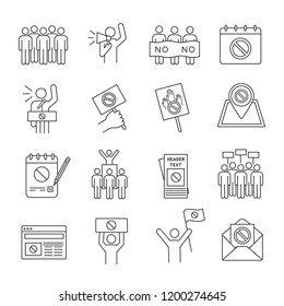 Protest action linear icons set. Political behaviour. Social and political movements. Democracy, rights protection. Thin line contour symbols. Isolated vector outline illustrations. Editable stroke