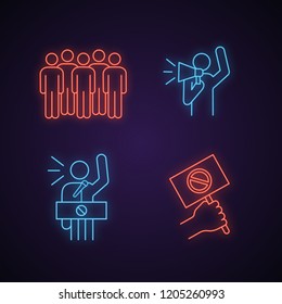 Protest action neon light icon. Meeting, protester, protest banner, speech. Glowing sign. Vector isolated illustration