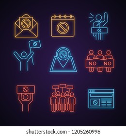 Protest action neon light icon. Protest banner, date, protester, internet news, location, email, picket, strike, speech. Glowing sign. Vector isolated illustration