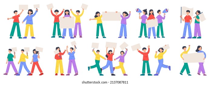 Protest action, social activist characters, diversity protest movement. Activists holding placard, political manifestation vector illustration set. Political human rights. Activist protest action