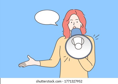 Protest, activism, announcement, speech, promotion concept. Young woman or girl protester activist cartoon character standing yelling with loudspeaker mouthpiece. Promo marketing or ads illustration.